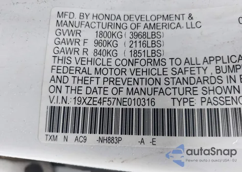 2022 Honda Insight Ex z USA, uszkodzony, nr VIN 19XZE4F57NE010316